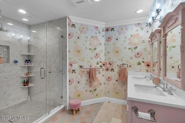 Bathroom, Glass Shower, Interior, Marble Walls, Recessed Lighting