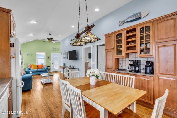 Dining room, Interior, Living room, Pendant Lights, Recessed Lighting, Wood Texture Flooring