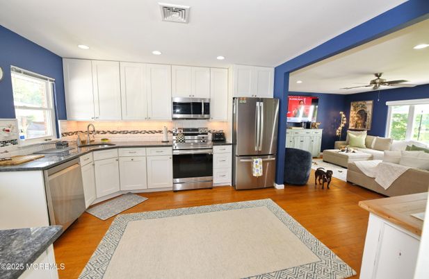 Interior, Kitchen, Living room, Recessed Lighting, Stainless Steel Appliances, Wood Texture Flooring