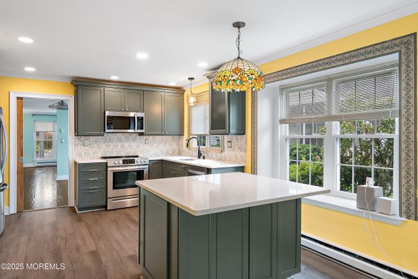 Interior, Kitchen, Pendant Lights, Recessed Lighting, Stainless Steel Appliances, Wood Texture Flooring