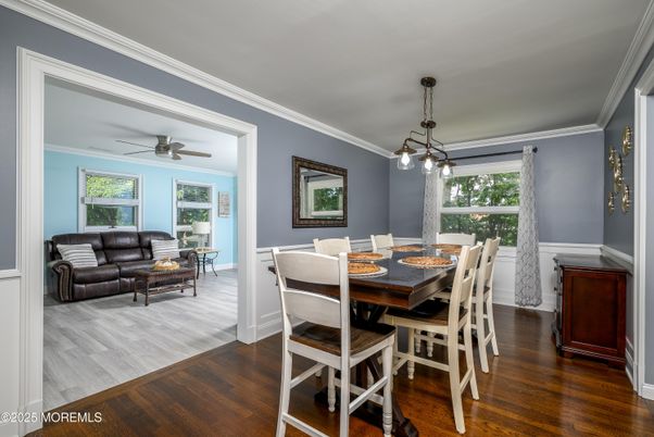 Dining room, Interior, Pendant Lights, Wood Texture Flooring