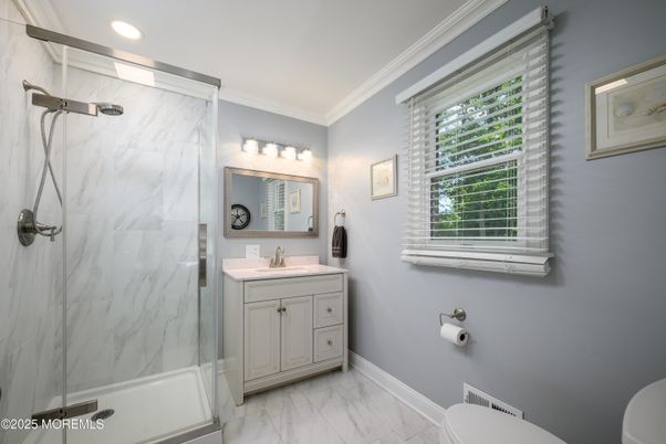 Bathroom, Glass Shower, Interior, Marble, Marble Walls, Recessed Lighting