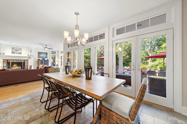 Chandelier, Dining room, Fireplace, Interior, Living room, Wood Texture Flooring