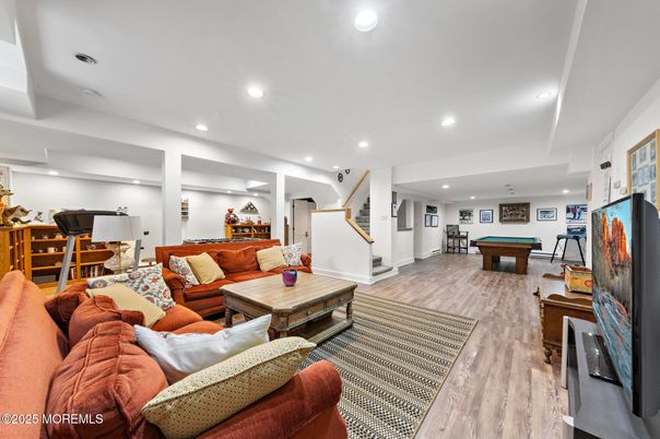 Billiard Table, Game Room, Interior, Living room, Recessed Lighting, Wood Texture Flooring