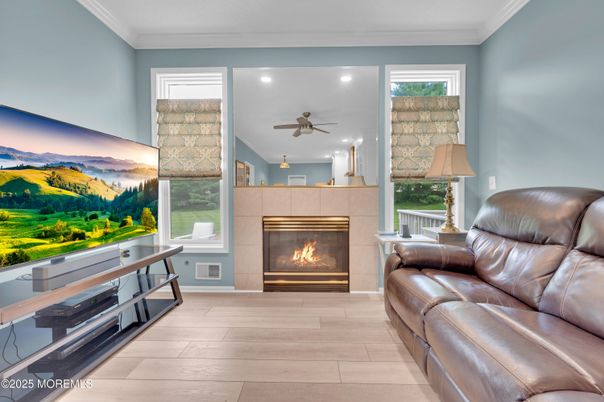 Fireplace, Interior, Recessed Lighting, Wood Texture Flooring