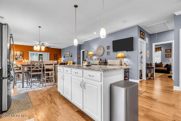 Dining room, Interior, Pendant Lights, Recessed Lighting, Wood Texture Flooring