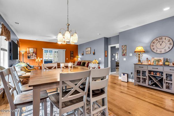 Chandelier, Dining room, Interior, Pendant Lights, Recessed Lighting, Wood Texture Flooring