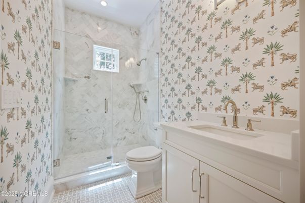 Bathroom, Glass Shower, Interior, Marble Walls, Recessed Lighting