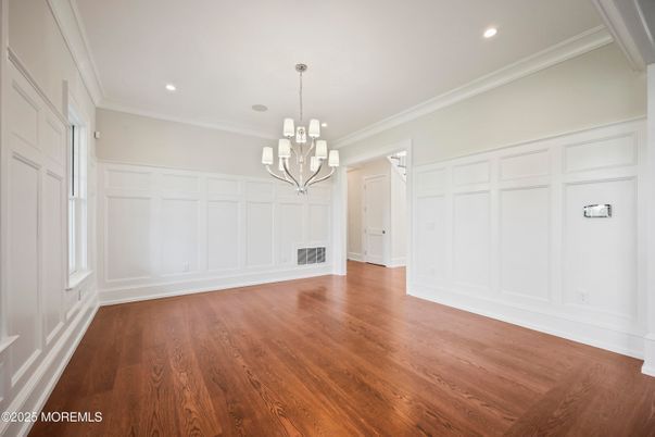 Chandelier, Empty room, Interior, Recessed Lighting, Wood Texture Flooring