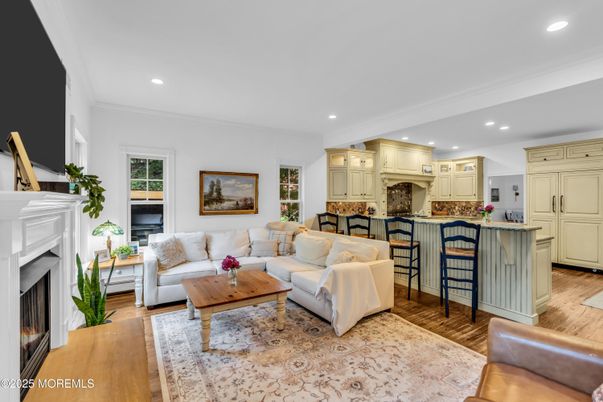 Fireplace, Interior, Kitchen, Living room, Recessed Lighting, Wood Texture Flooring