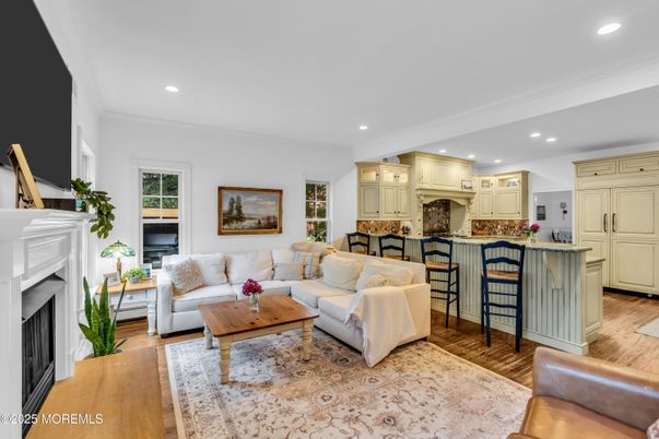 Fireplace, Interior, Kitchen, Living room, Recessed Lighting, Wood Texture Flooring