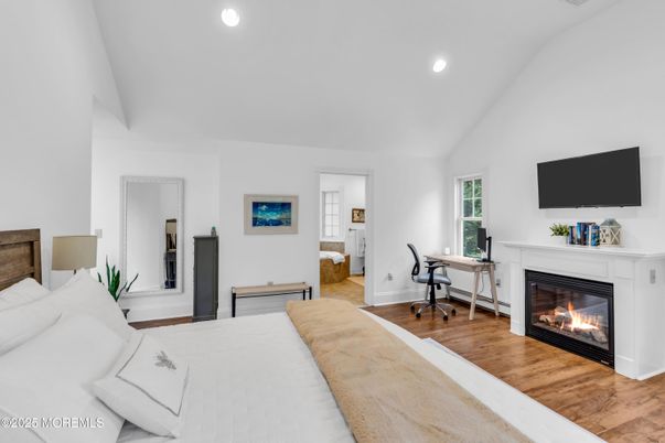 Bedroom, Fireplace, Home Office, Interior, Recessed Lighting, Wood Texture Flooring