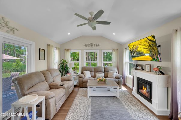 Fireplace, Interior, Living room, Recessed Lighting, Wood Texture Flooring