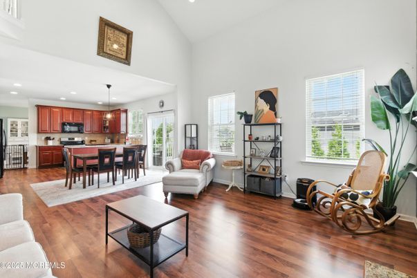 Dining room, Interior, Kitchen, Living room, Recessed Lighting, Stainless Steel Appliances, Wood Texture Flooring