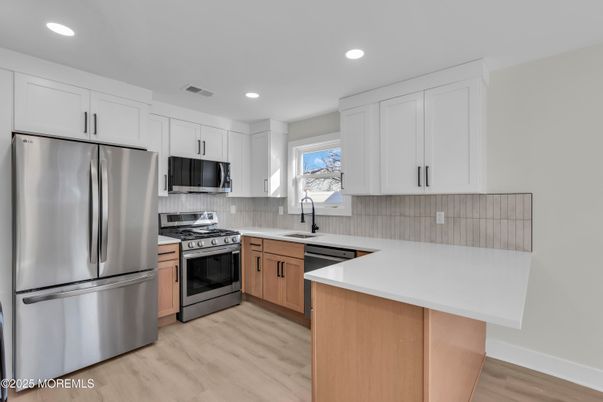 Interior, Kitchen, Recessed Lighting, Stainless Steel Appliances, Wood Texture Flooring