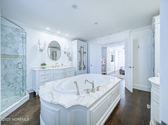 Bathroom, Glass Shower, Interior, Marble Walls, Recessed Lighting, Wood Texture Flooring