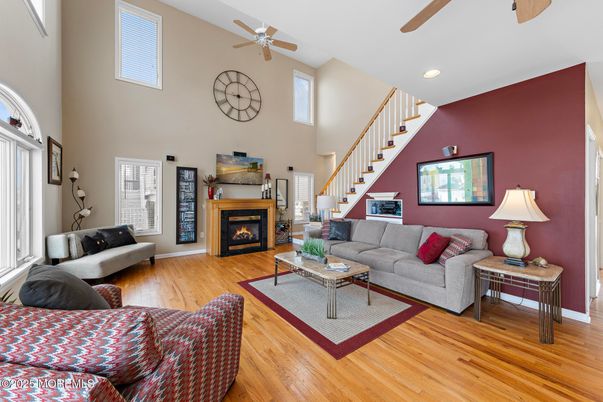 Fireplace, Interior, Living room, Recessed Lighting, Wood Texture Flooring