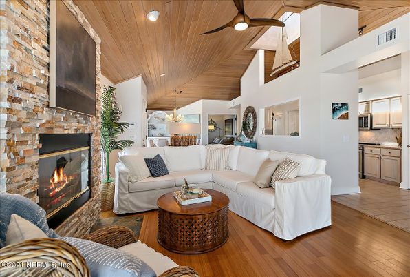 Fireplace, Interior, Kitchen, Living room, Recessed Lighting, Stone Walls, Wooden Ceilings, Wood Texture Flooring
