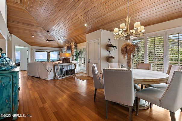 Chandelier, Dining room, Interior, Living room, Recessed Lighting, Wooden Ceilings, Wood Texture Flooring