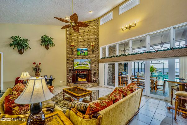 Dining room, Fireplace, Interior, Living room, Stone Walls