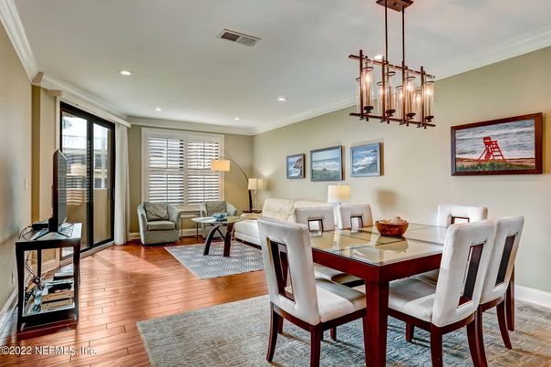 Dining room, Interior, Living room, Pendant Lights, Recessed Lighting, Wood Texture Flooring