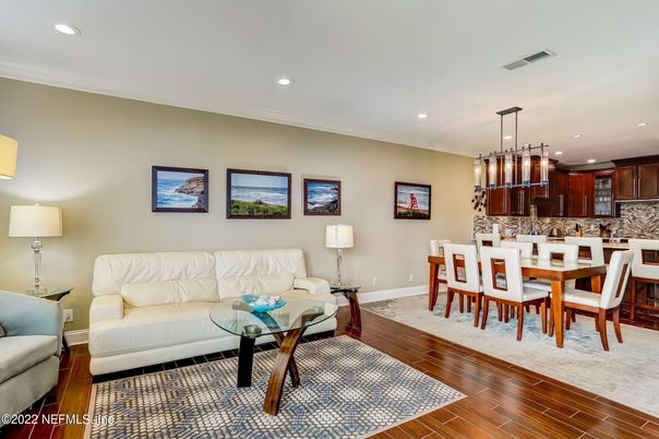 Dining room, Interior, Kitchen, Living room, Pendant Lights, Recessed Lighting, Wood Texture Flooring
