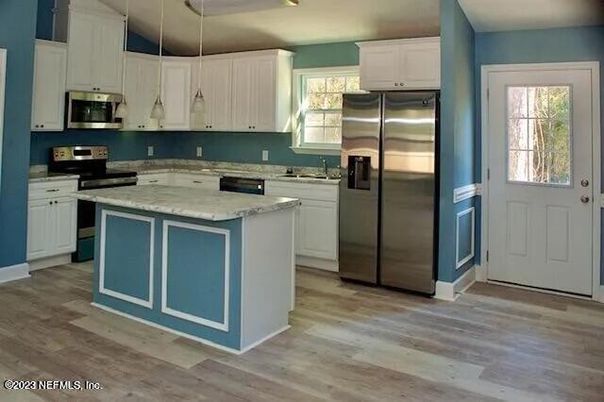 Interior, Kitchen, Recessed Lighting, Stainless Steel Appliances, Wood Texture Flooring
