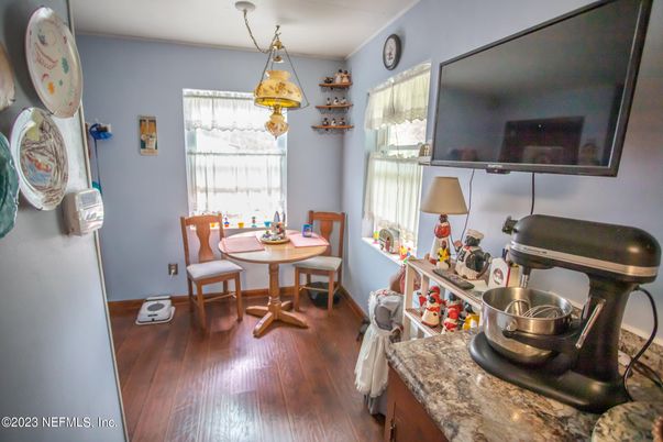 Dining room, Interior, Pendant Lights, Wood Texture Flooring