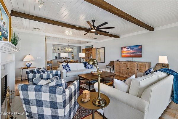 Chandelier, Dining room, Fireplace, Interior, Living room, Wooden Beams, Wood Texture Flooring