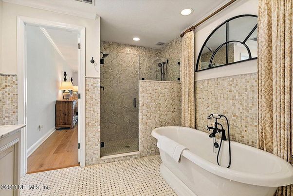 Bathroom, Free Standing Baths, Glass Shower, Interior, Recessed Lighting, Wood Texture Flooring