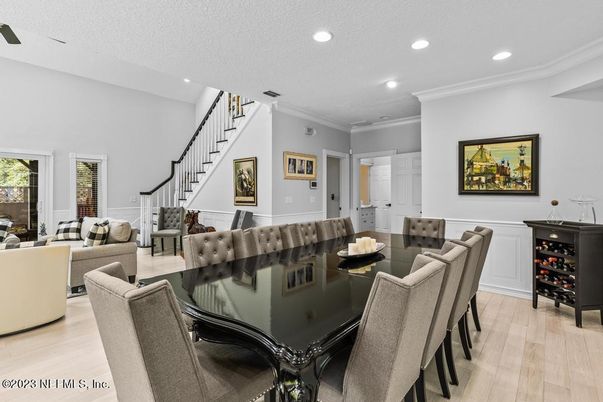 Dining room, Interior, Living room, Recessed Lighting, Wood Texture Flooring