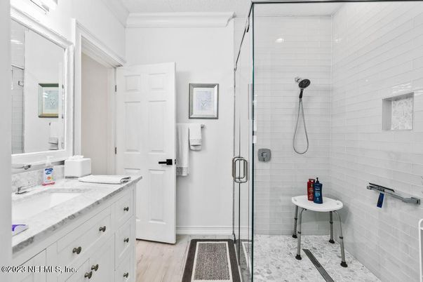 Bathroom, Glass Shower, Interior, Wood Texture Flooring