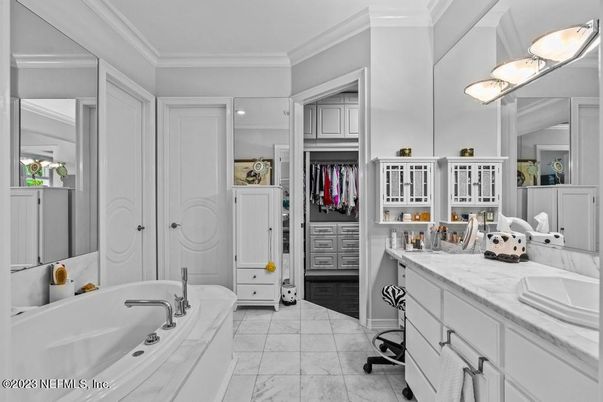 Bathroom, Dual Sink Vanities, Interior, Marble, Recessed Lighting