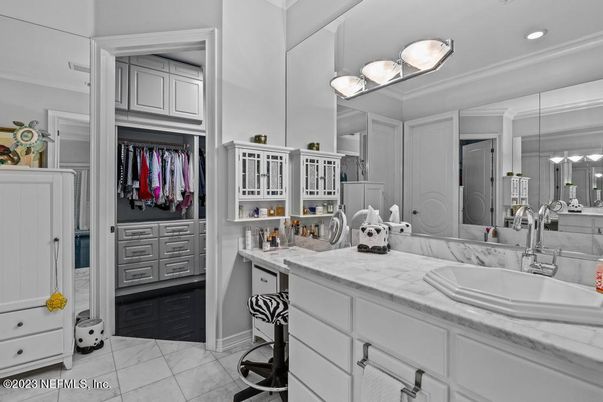 Bathroom, Dual Sink Vanities, Interior, Marble, Recessed Lighting