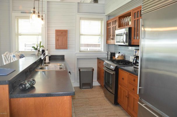 Interior, Kitchen, Pendant Lights, Stainless Steel Appliances, Wood Texture Flooring