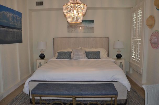 Bedroom, Chandelier, Interior, Wood Texture Flooring