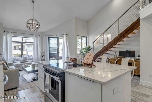 Interior, Kitchen, Living room, Pendant Lights, Wood Texture Flooring