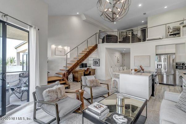 Chandelier, Interior, Kitchen, Living room, Recessed Lighting, Stainless Steel Appliances, Wood Texture Flooring