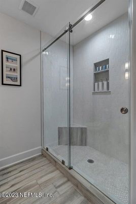 Bathroom, Glass Shower, Interior, Recessed Lighting, Wood Texture Flooring