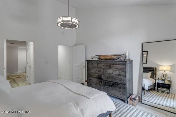 Bedroom, Interior, Pendant Lights, Wood Texture Flooring