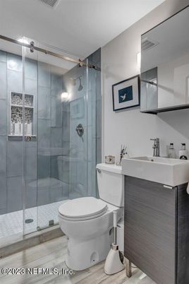 Bathroom, Glass Shower, Interior, Wood Texture Flooring
