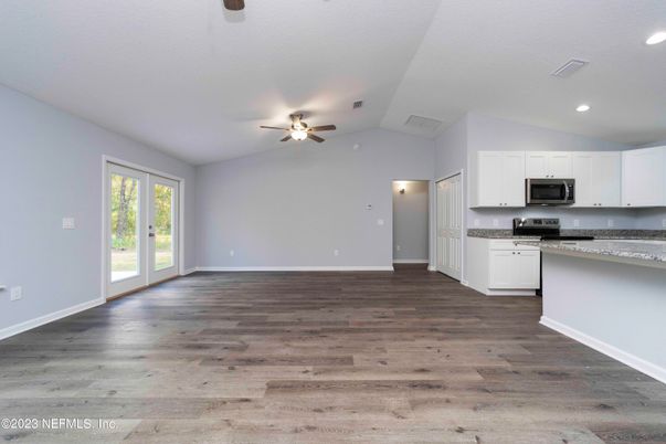 Empty room, Interior, Kitchen, Recessed Lighting, Wood Texture Flooring