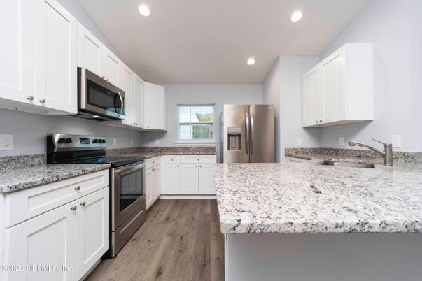 Interior, Kitchen, Recessed Lighting, Stainless Steel Appliances, Wood Texture Flooring