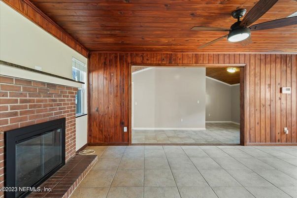 Empty room, Fireplace, Interior, Stone Walls, Wooden Ceilings, Wooden Walls