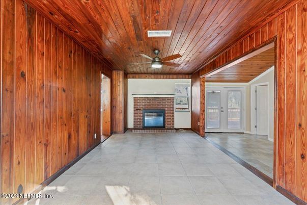 Empty room, Fireplace, Interior, Stone Walls, Wooden Ceilings, Wooden Walls