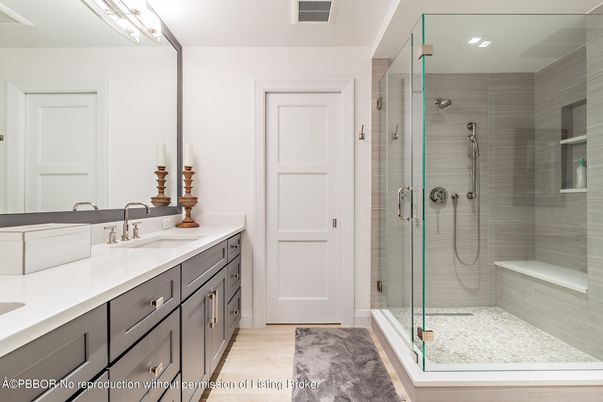 Bathroom, Glass Shower, Interior, Recessed Lighting, Wood Texture Flooring