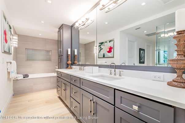 Bathroom, Dual Sink Vanities, Glass Shower, Interior, Recessed Lighting, Wood Texture Flooring