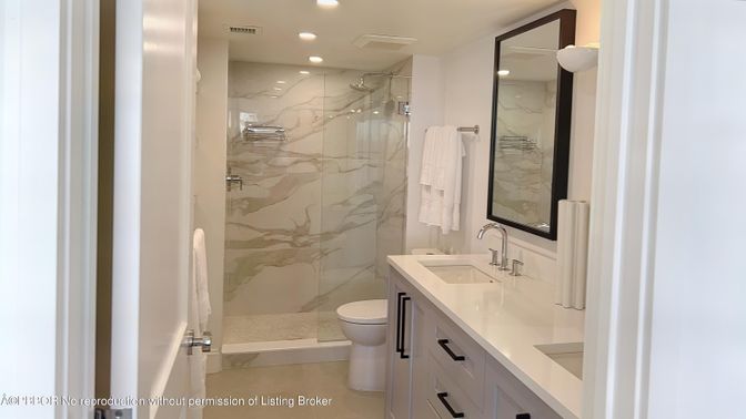 Bathroom, Glass Shower, Interior, Marble Walls, Recessed Lighting