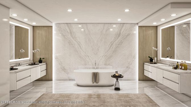 Bathroom, Dual Sink Vanities, Free Standing Baths, Interior, Marble, Marble Walls, Recessed Lighting