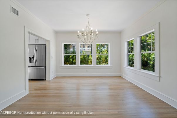 Chandelier, Empty room, Interior, Kitchen, Stainless Steel Appliances, Wood Texture Flooring